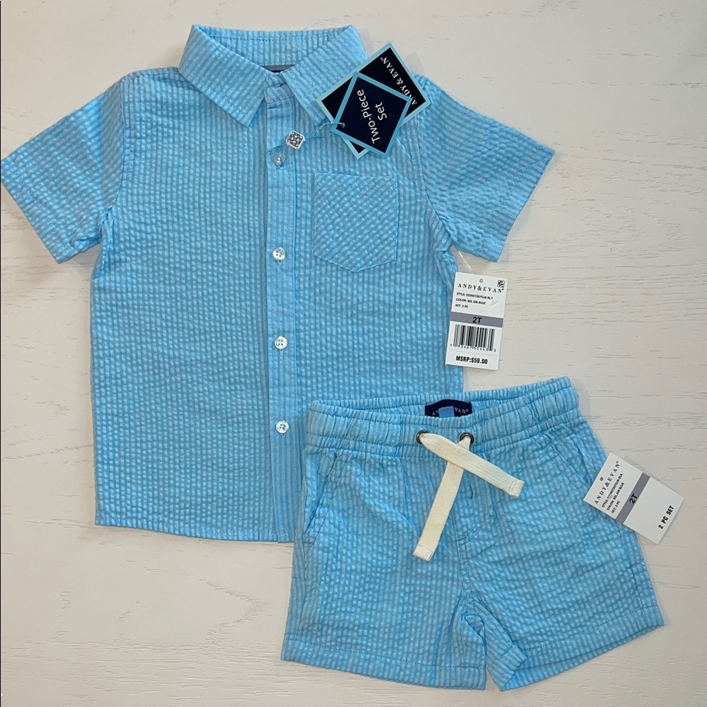 Andy & Evan Seersucker Light Blue Button Down Shirt and Shorts Set 2T 3T 4T